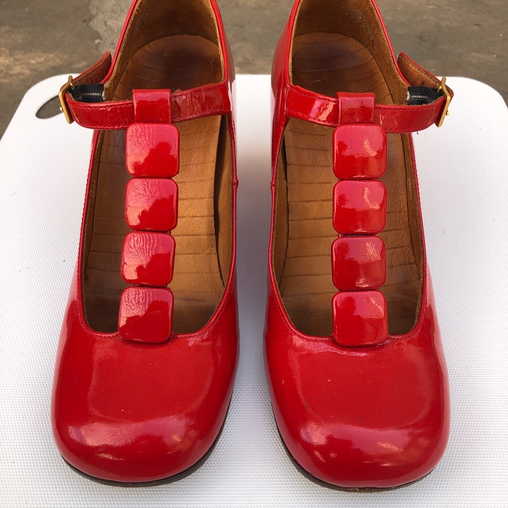 Chie Mihara Red Patent Leather T-Strap Pumps